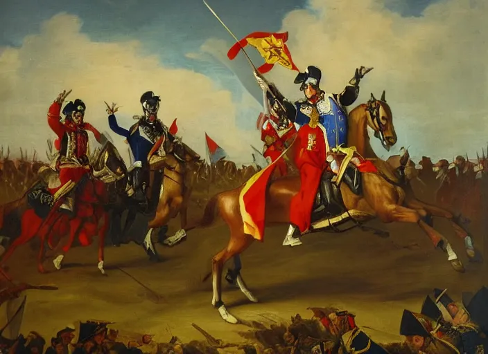 Prompt: a high detail oil painting equestrian image of judge baltasar garzon leading spain and the troops to victory over the moors, raising the spanish flag with his right hand and a sword in his left