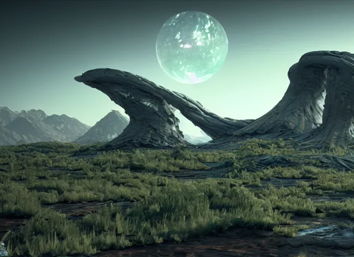 Prompt: a alien landscape in the style of midjourney, 8 k, unreal engine, zbrush,