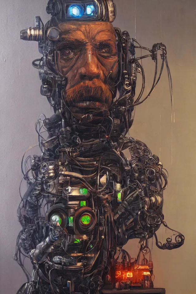 Prompt: a striking oil on canvas portrait of a cybernetic cyberpunk eurorack dwarf with cable beard in the style of Brom