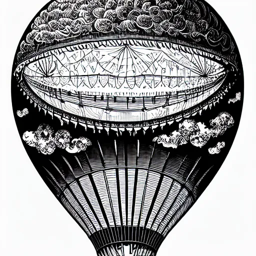 Image similar to portrait of an entire victorian air balloon over a fantasy landscape, line art illustration by joe fenton , black and white, intricate details