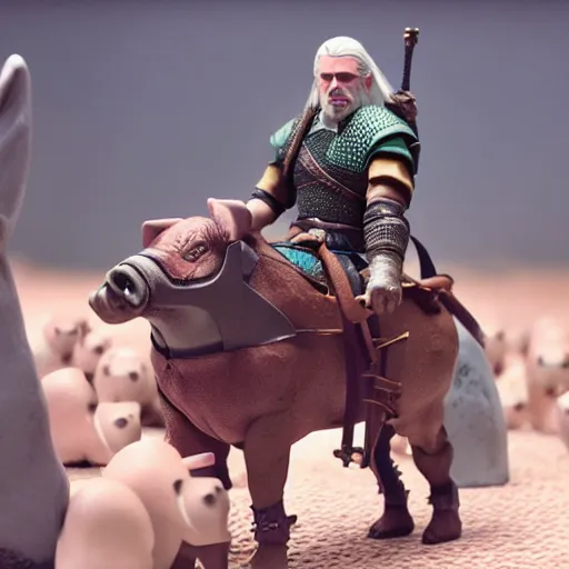 Image similar to witcher riding on pig, claymation, cinematic, 8 k,