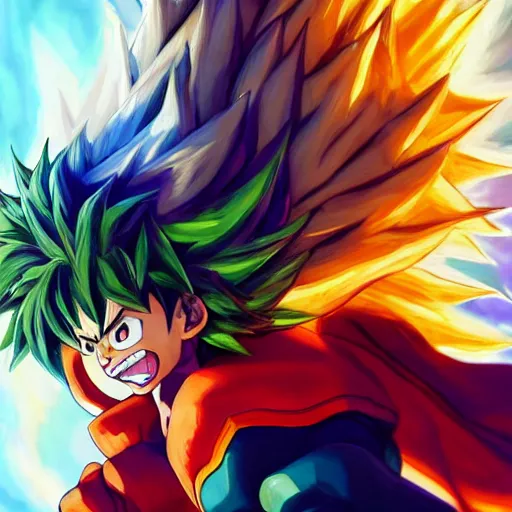 Image similar to an oil painting of a izuku midoriya wearing super sayian armor in mha gta style, by artgerm, hd, hdr, ue 5, ue 6, unreal engine 5, realistic anime 3 d style, cinematic 4 k wallpaper, 8 k, ultra detailed, gta cover art, high resolution, artstation, award winning