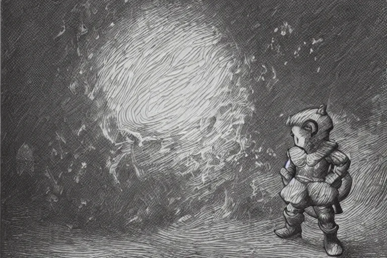 Prompt: Megaman as Pikachu, Gustave Dore lithography