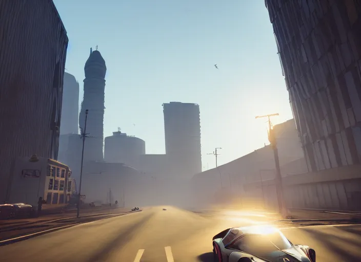 Image similar to gta in moscow, playstation 5 screenshot, adidas hero, symmetrical, mega details, golden hour, fog, beautiful rtx reflections, brutalism buildings, photorealistic, unreal engine 5, octane render, volumetric light, cg society, 4 k, bokeh, artstation