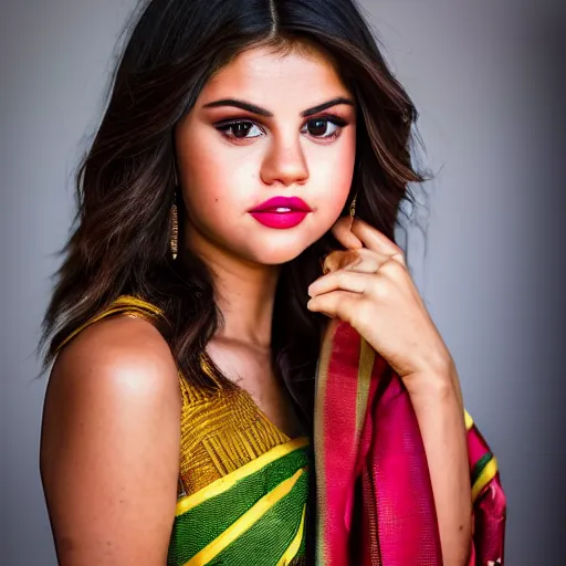 Prompt: Portrait of selena gomez wearing assamese bihu mekhela sleeveless silk saree, face by Artgerm, XF IQ4, 250MP, 50mm, F1.4, ISO 200, 1/250s, natural light, Adobe Lightroom, photolab, Affinity Photo, PhotoDirector 365, model photography by Steve McCurry in the style of Annie Leibovitz, intricate, elegant, highly detailed,sharp focus