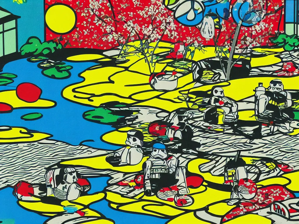 Image similar to close - up image of a japanese house with a pond, stormtroopers sitting around it, in style of pop - art, andy warhol, roy lichtenstein, jackie tsai, bright palette, acrylic on canvas