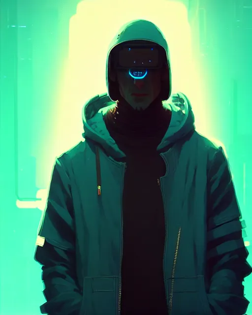 Image similar to cyberpunk synth, hyper - realistic portrait of a man in a hoodie, cyberpunk, anime style, by atey ghailan, by greg rutkowski, by greg tocchini, by james gilleard, by joe fenton, by kaethe butcher, dynamic lighting, gradient light blue, brown, cinematic lighting color scheme, sharp focus, grunge aesthetic