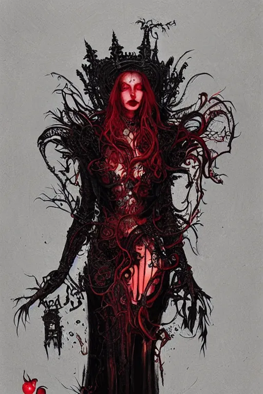 Prompt: red queen of death, Necro style, insanely detailed and intricate bright black line, golden ratio, elegant, gothic fog, ornate, horror, elite, bright and bright, painted by Caravaggio, Greg rutkowski, Sachin Teng, Thomas Kindkade