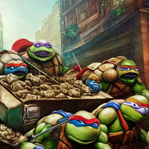 Prompt: four teenage mutant ninja turtles eating giant pile heap of dumplings, handsome, intricate, detailed, volumetric lighting, scenery, digital painting, highly detailed, artstation, sharp focus, illustration, concept art, ruan jia, steve mccurry