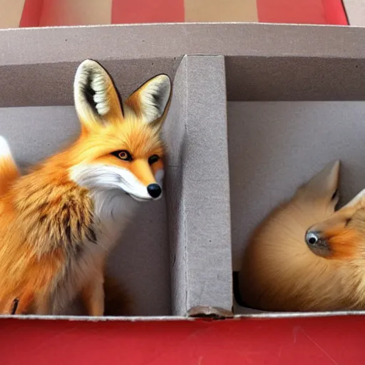 Prompt: red fox and a fennec fox sitting in a box