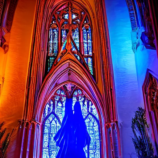 Prompt: architectural light painting nightly shot, no decaying lines, alabaster gothic cathedral with long mandala windows, reflection of red sun, blue hour, gothic sapphire female statue, intricate arabesque detailed silk dressed, macro head face