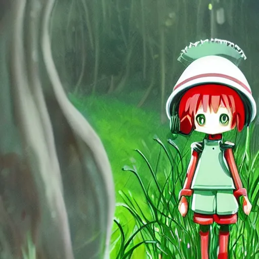 Prompt: cute little robot with grass hair, tomato hat and one chive in one hand, made in abyss style, standing on a forest