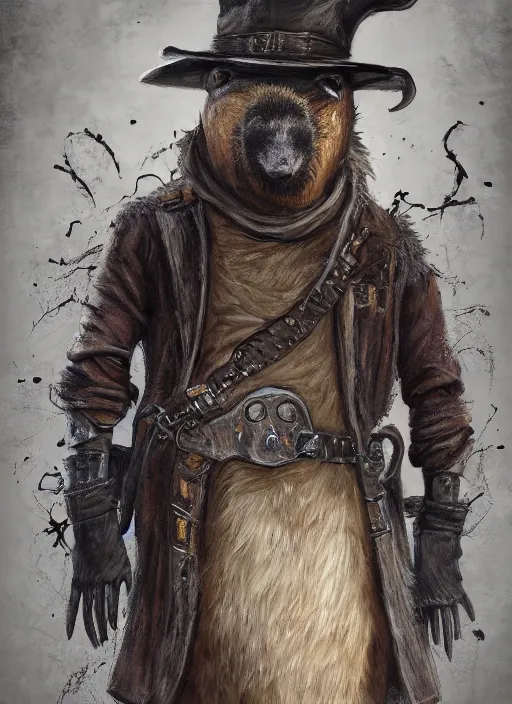 Image similar to detailed full body concept art illustration, plague style oil painting on canvas of an anthropomorphic capybara cowboy plague doctor in full intricate clothing, biomutant, dystopian, micro detail, octane render, 4K