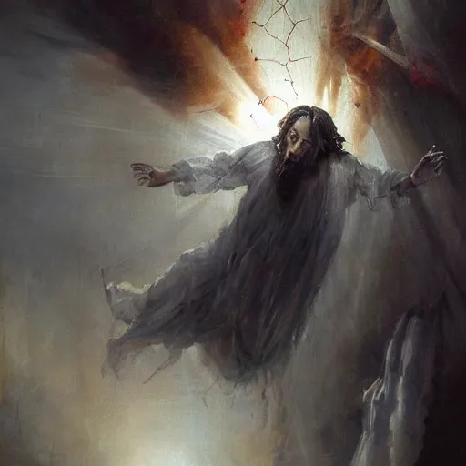 Prompt: painting of Jesus descending into a dark abyssal chasm, surrounded by a vivid silver light, flowing royal robes with goly inlay, crown of thorns spotted with blood upon his head, stern expression with a chiseled jaw and fiery eyes, by Jeremy Mann, stylized, detailed, realistic, loose brush strokes, intricate, beautiful