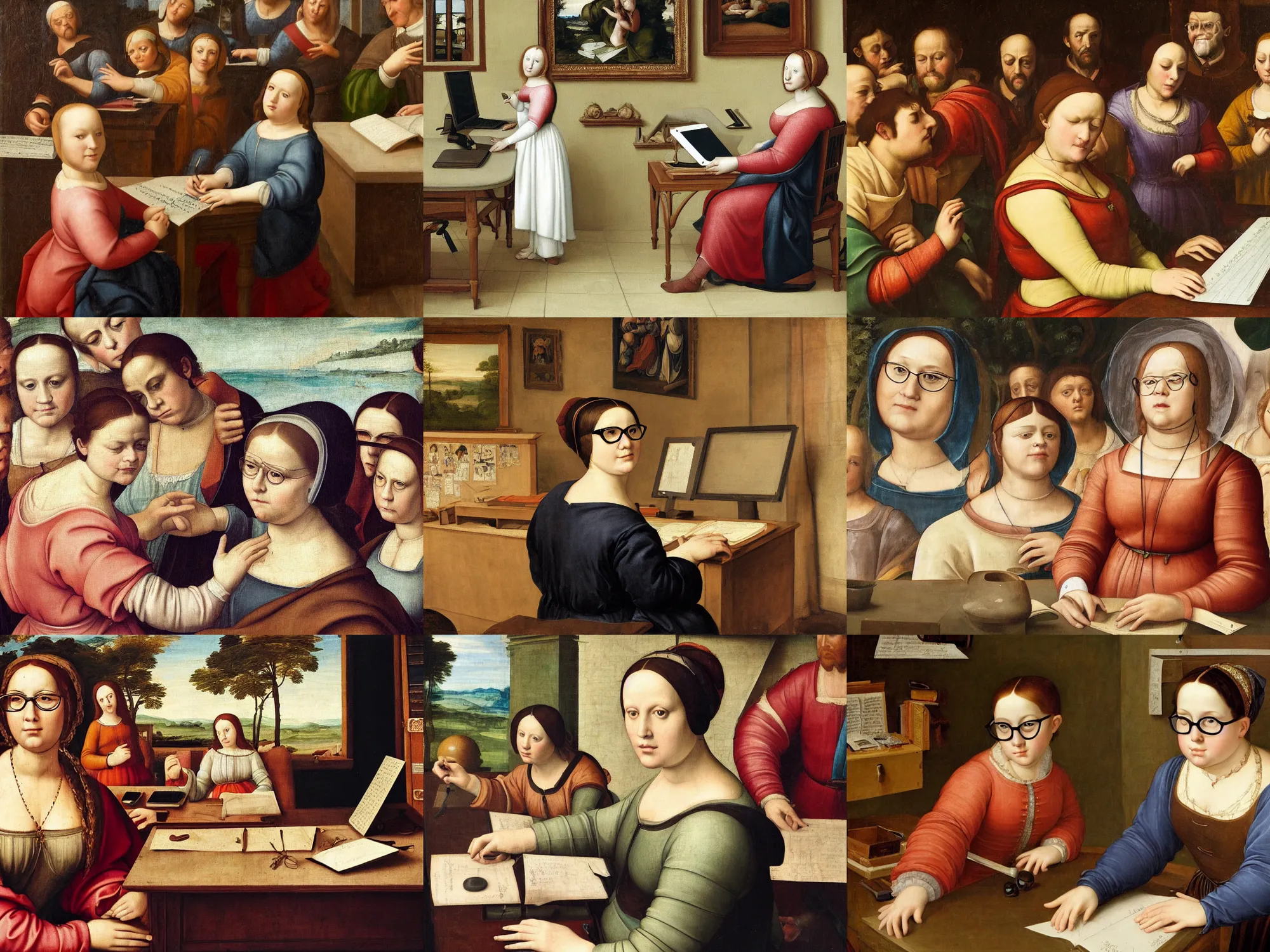 Prompt: a renaissance painting of an office with a chubby girl with glasses in front of a desktop pc typing