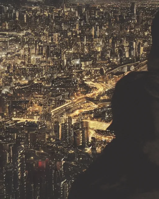 Prompt: a night rooftop scene, light from traffic in the city below, close up shot of a photorealistic gangster wearing a trench coat looking at the city below, high contrast, 80s color palette, unreal engine, hyper realism, realistic shading, cinematic composition, realistic render, octane render, detailed textures