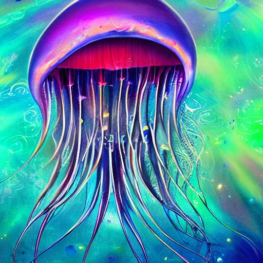 Image similar to beautiful iridescent jellyfish creature in magical realism luminescent airbrush underwater mystical world detailed painting 4 k