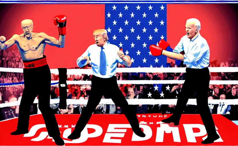 Prompt: boxing match between donald trump vs joe biden, stage lighting, political cartoon