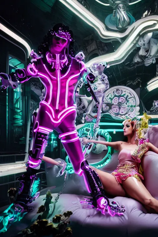 Image similar to full-body rococo and cyberpunk style neon statue of a young attractive Joe Jonas macho dotado e rico android sim roupa reclining con las piernas abertas e la piroca dura, glowing white laser eyes, prince crown of pink gears, diamonds, swirling silver-colored silk fabric. futuristic elements. full-length view. space robots. human skulls. intricate artwork by caravaggio. Trending on artstation, octane render, cinematic lighting from the right, hyper realism, octane render, 8k, depth of field, 3D