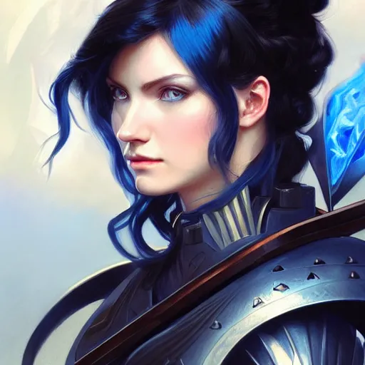 Prompt: portrait, woman dressed in plate armor with black hair and blue eyes wielding a greatsword, elegant, digital illustration, fire magic, detailed, intricate, sharp focus, digital painting, deep focus, digital painting, artstation, concept art, matte, art by artgerm and greg rutkowski and alphonse mucha