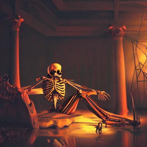 Prompt: dark god sit on the tron, surreal, night, death, fear, 4 k resolution, caravaggio, hyperrealism, detailed and intricate environment, skeleton