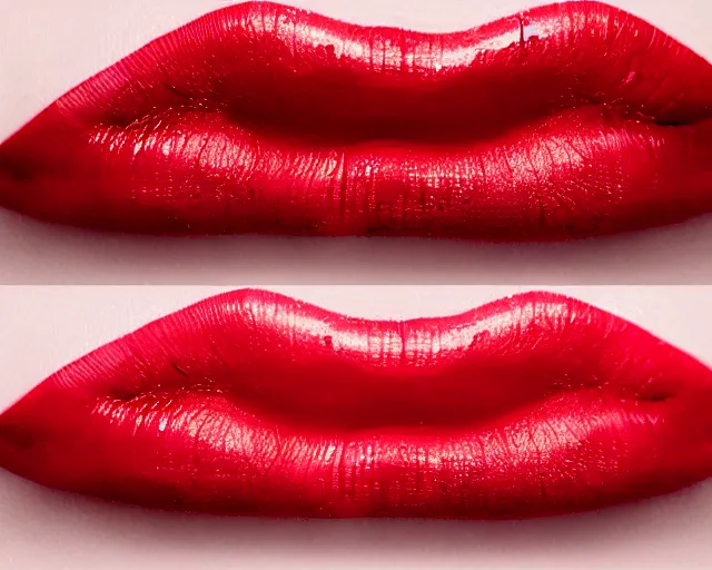 Image similar to big plump lips with red lipgloss reflecting on the surface. closeup