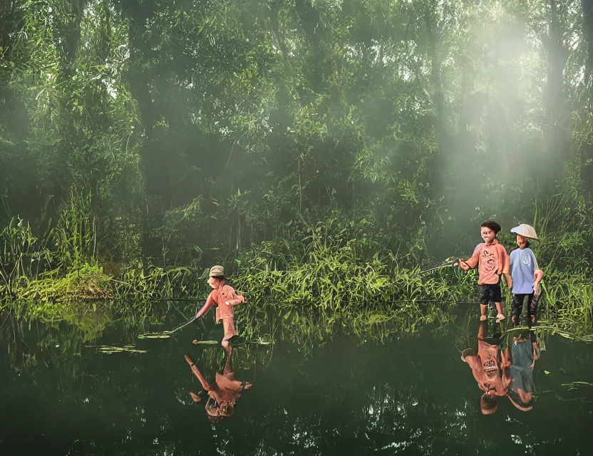 Image similar to kids fishing on a pond in the forest, ring light, smoky background, detailed, super realistic photography, sasin tipchai style