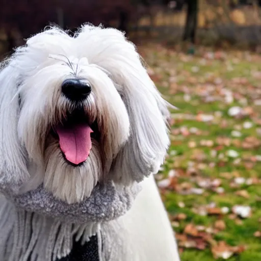 Prompt: a cute Old English Sheepdog in a duffle coat