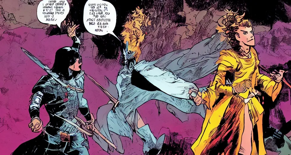 Image similar to Alicia Vikander as a mage fighting a knight a comic book panel by Frank Miller