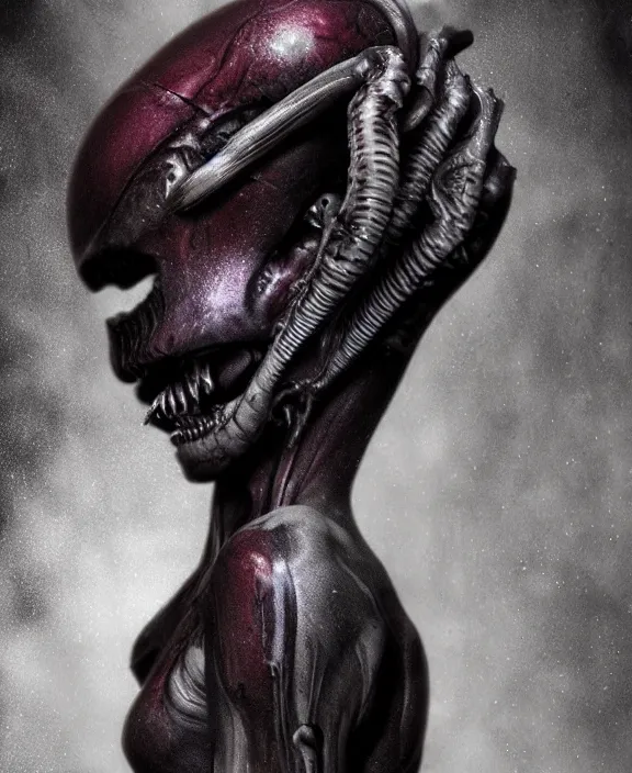 Image similar to xenomorph hugging pale sad beauty merging, dark mist colors, giger background liminal void, digital art, cinematic lighting, realistic, award winning photograph, various refining methods, micro macro autofocus