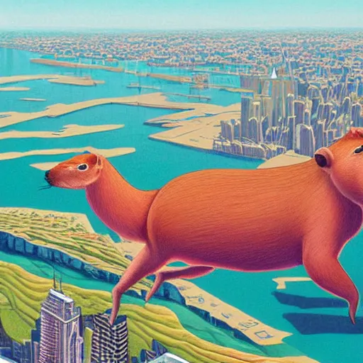 Prompt: a detailed painting of a capybara in a cape flying above new york by casey weldon, new contemporary art, comic book illustration