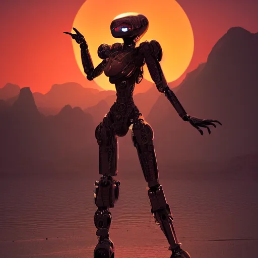 Image similar to a highly detailed full shot of beautiful anthropomorphic robot female dragon, standing and posing elegantly, streamlined mechanical body, with sharp claws on her hands and feet, two arms, two legs, long tail, on the beach, artstation, DeviantArt, professional, octane render, sunset lighting