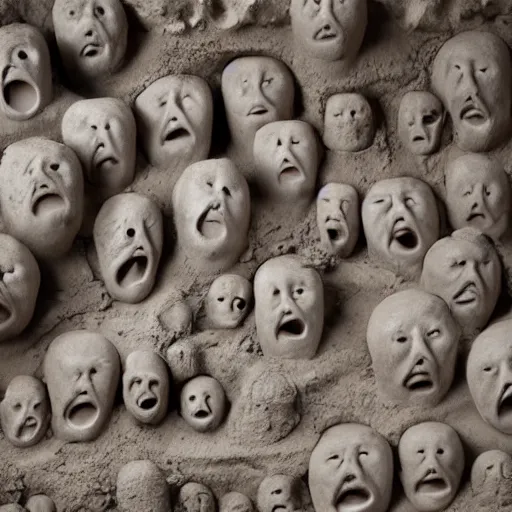 Prompt: a photograph photo of a gigantic pile of oozing, slimy clay covered in screaming faces, sitting in a concrete cellar