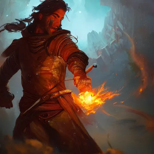 Prompt: beautiful painting of a male halfing bard, casting fireball and killing a whole village, painted by greg rutkowski