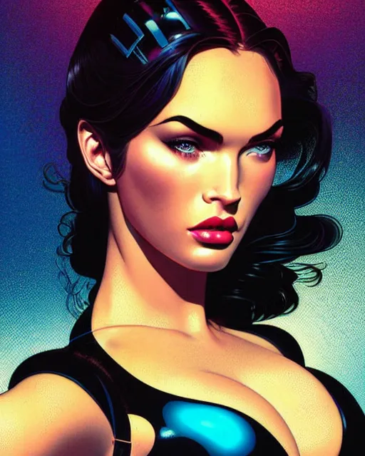 Image similar to low angle closeup very seductive megan fox retro scifi goddess pinup, vr goggles, action glamour pose, windblown dark hair, hyper detailed, digital art, studio lighting, smooth, ambient lighting, sharp focus, frank miller, wlop, anna dittmann, moebius!, alphonse mucha, patrick nagle!!!, rim lighting, synthwave