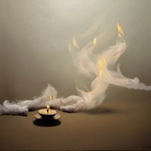 Prompt: oil painting, ying yong, spirit out of smoke big candle, deep photo, high resolution, art contemporary