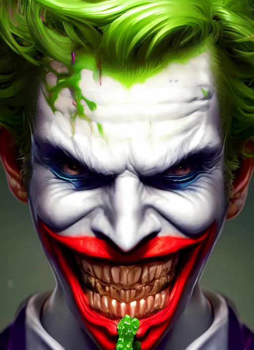 Image similar to glowwave portrait of joker who laughs, au naturel, hyper detailed, digital art, trending in artstation, cinematic lighting, studio quality, smooth render, unreal engine 5 rendered, octane rendered, art style by francesco mattina and ian sprigger and wlop and krenz cushart.