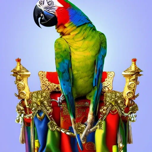 Prompt: A parrot king sitting on a throne with a crown on its head, digital art, detailed, realistic, artstation