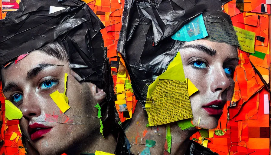 Prompt: rendered in blender trash bag on his head, collage paper and tape, acrylic on canvas, hyperrealism mixed with expressionism, high resolution, cinematic, unreal 6, breathtaking detailed, by blake neubert