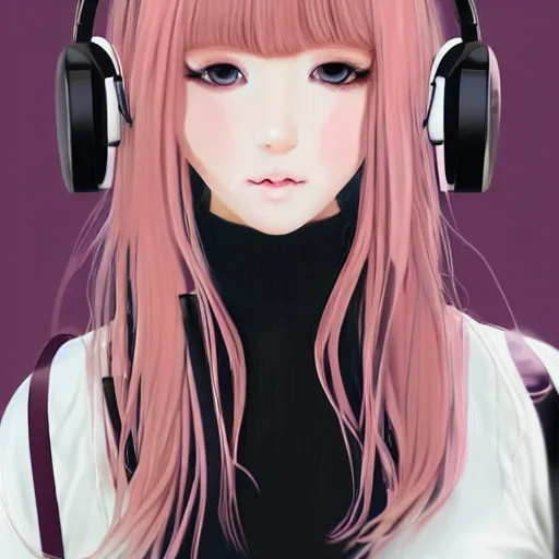 Image similar to realistic beautiful gorgeous natural cute Blackpink Lalisa Manoban pink hair cute fur pink cat ears, wearing white camisole summer outfit, headphones, black leather choker artwork drawn full HD 4K highest quality in artstyle by professional artists WLOP, Aztodio, Taejune Kim, Guweiz on Pixiv Artstation