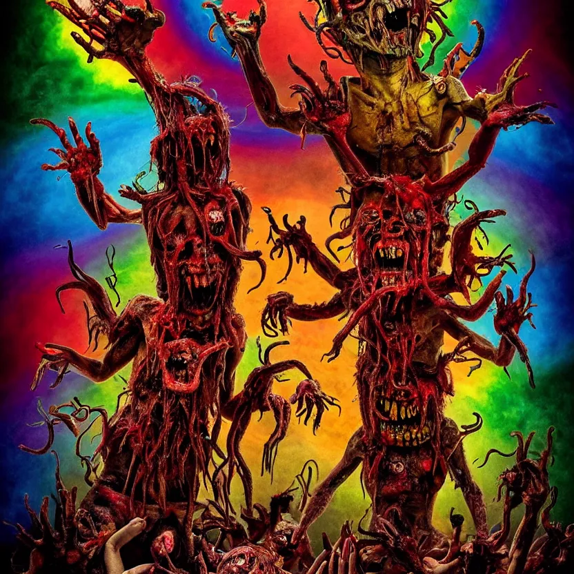 Image similar to a beautiful, colorful, flesh - eating, whimsical demon with rainbow fur, seven arms, seven legs, three heads, eating a screaming priest, standing on a pile of corpses, by alexandro judorowski and david cronenberg, fear, morbid, nightmare, supernatural, 8 k, digital art, highly detailed, chiaroscuro, creepy, terrifying