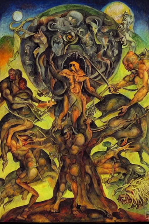 Image similar to surreal the temptation of st anthony, in a post apocalyptic hellscape, esoteric symbolism, intense emotional power, red yellow black, palette knife oil painting by peter booth, josh kirby and william blake