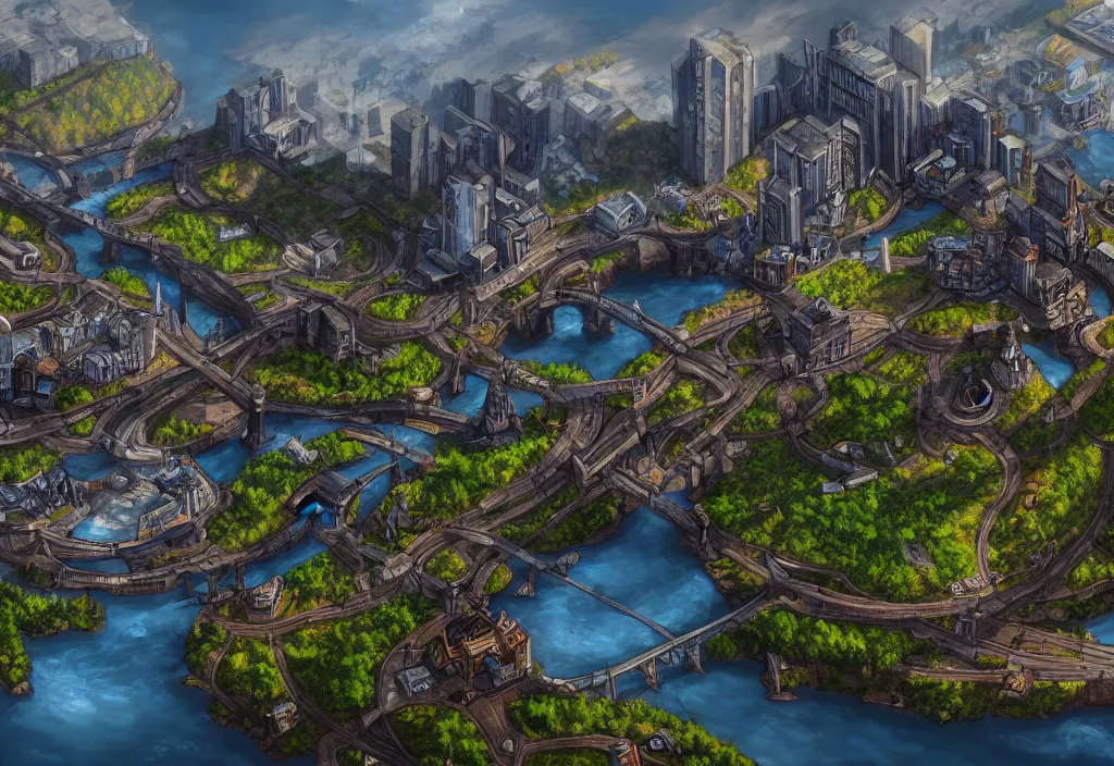 Image similar to wide shot, establishing shot of a modern day dungeons and dragons city with a river, trending on artstation, digital art, 4 k, 8 k