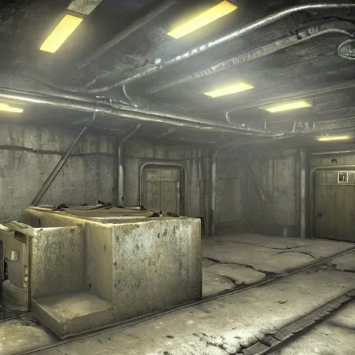Image similar to fallout concept art vault - tec underground bunker metal walls interior render grim realistic lighting unreal engine 5