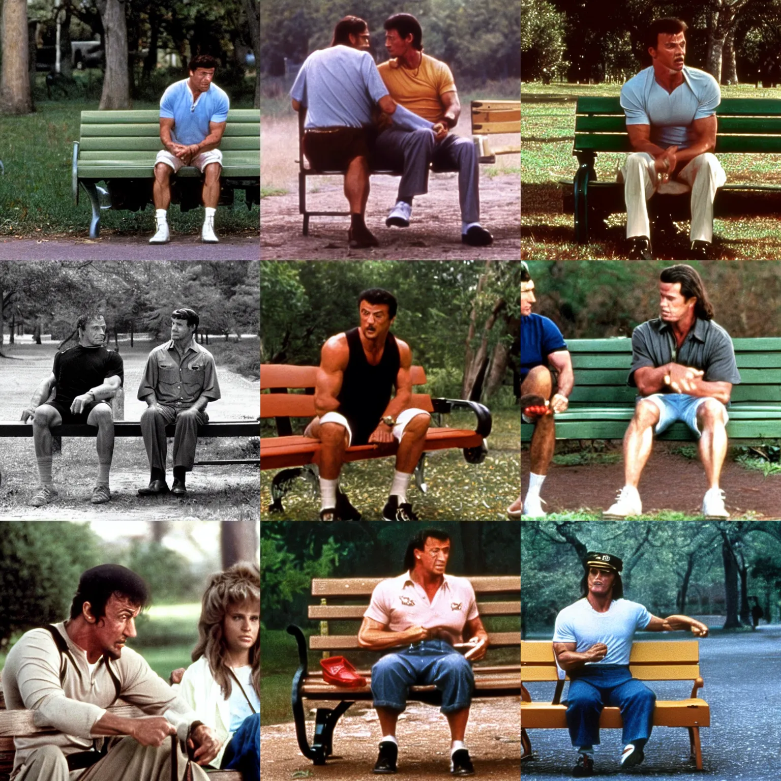 Image similar to Sylvester Stallone as Forrest Gump, sitting on a bench scene, movie still