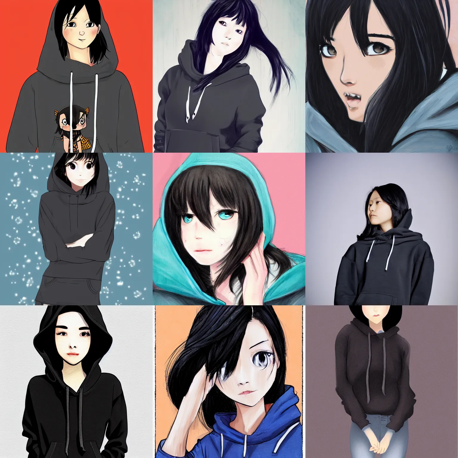 Prompt: black haired girl wearing hoodie, by yumei