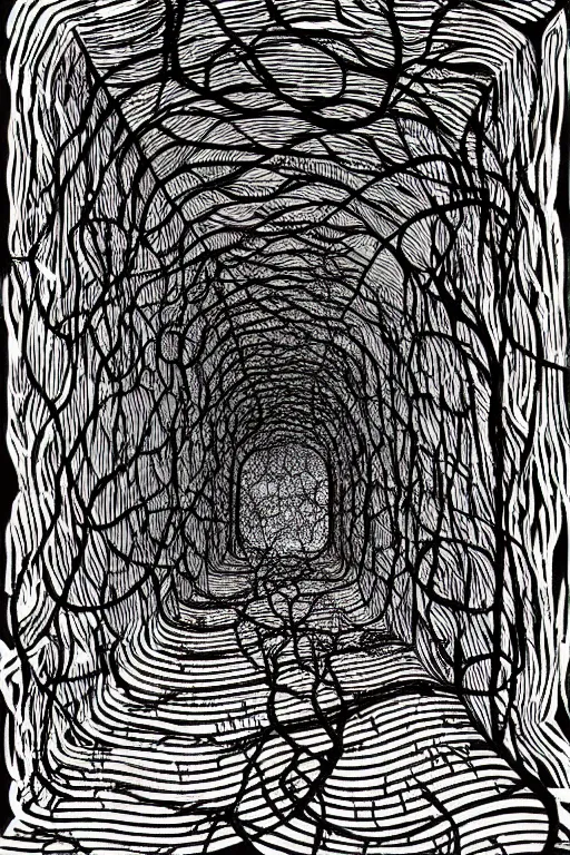 Prompt: surreal tunnel made of books and leaves and vines, art by james o barr and albrecht durer, surreal woodcut engraving, black and white, vector, vector art