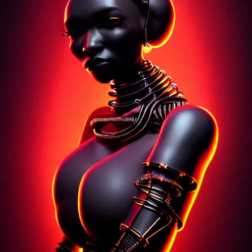 Prompt: portrait of an absurdly beautiful, graceful, sophisticated, fashionable black cyberpunk mechanoid gravure idol, hyperdetailed illustration by irakli nadar, matt wisniewski style, intricate linework, fashion photography, dark black porcelain skin, jellyfish headdress, brown eyes, unreal engine 5 highly rendered, red light, detailed and intricate environment