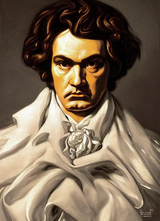 Image similar to highly detailed oil painting | very intricate | cinematic lighting | black, white and gold color scheme, dark background | ludwig van beethoven by alexander mcqueen | by roberto ferri, by gustav moreau, by singer sargent and klimt, american romanticism, occult art | by austin osman spare, artstation, cgsociety, official art, octane