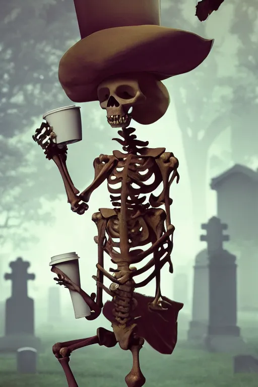 Image similar to a skeleton character holding a cup of coffee on the cemetery at night, designed by peter andrew jones and pixar, photorealistic, 3 d render, award winning render, unreal engine, octane render, studio lighting, 8 k, hd, dustin nguyen, akihiko yoshida, greg tocchini, greg rutkowski, cliff chiang